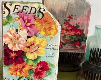 Vintage Floral Flower Seed Packet duo block Sign Wood  Rustic farmhouse Tiered Tray Cottage Primitive Country Living Spring Garden Flower