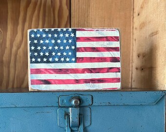 Vintage America USA Flag God Bless Block Sign Wood Rustic Farmhouse Cottage Tiered Tray red white blue Country Patriotic 4th July Memorial