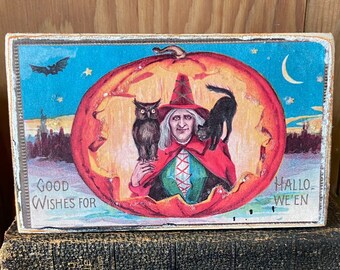 Vintage Halloween Witch Spooky Block Wood Sign glitter pumpkin Rustic Farmhouse Fall Cottage Rustic Tiered Tray  Bar Cart Fall pin up wicked