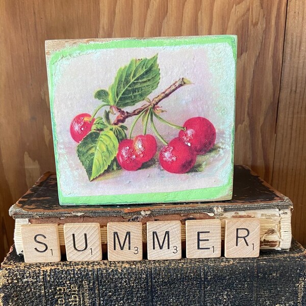 Vintage Cherries Cherry Block Sign Mini Wood Red Rustic Farmhouse Tiered Tray Cottage Summer