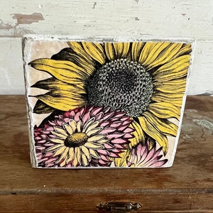 Vintage  Floral Flower Sunflower block Sign Wood Rustic farmhouse Tiered Tray Cottage Primitive Country Living Spring Garden Flowers