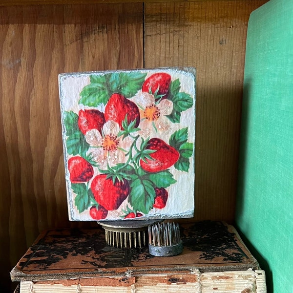 Vintage Strawberry Strawberries Block Sign Wood Rustic Farmhouse Tiered Tray Garden Summer Spring Fruit Country Living Farmers Market