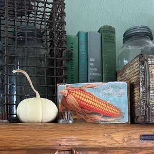Vintage Corn Fall Thanksgiving Block Wood Sign Rustic Farmhouse Cottage Rustic Tray  Bar Cart Country Living