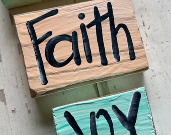 Vintage Faith Hello Joy word mini Block Sign Wood Rustic Farmhouse Tiered Tray Cottage Spring