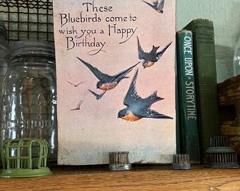 Vintage Bird floral Bluebirds  of Happiness Card Print Altered Art for flower frog Spring Garden