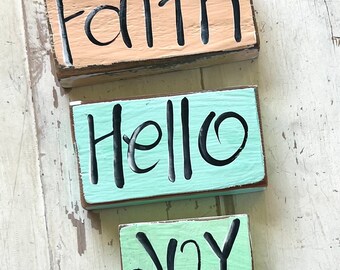 Vintage Faith Hello Joy word mini Block Sign Wood Rustic Farmhouse Tiered Tray Cottage Spring