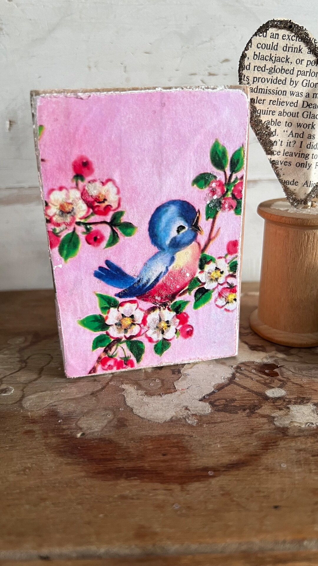 Vintage Valentine Bluebird Bird Block Sign Wood Rustic Farmhouse Tiered ...