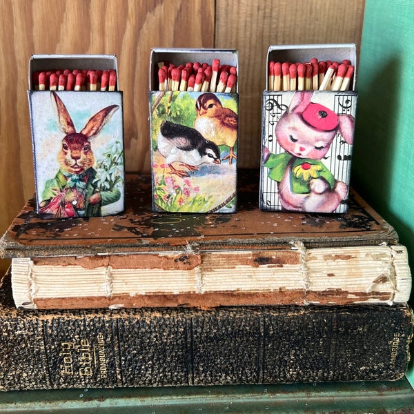 Vintage Spring Easter Matches Matchbox Set of 3 farmhouse matchboxes for candles Country Living cottage Candle Bunny Chick