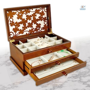 Vintage Wood 3-Layer Jewelry box for Girls– Rustic Jewelry Organizer with Drawers– Ring, Earring & Necklace Holder– Storage Box–Gift for Her