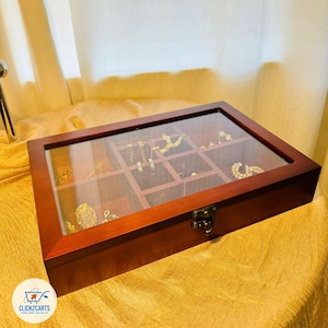 Crystal Collection Box Glass Top Box Adjustable Rock Display Case Box with Shelves Pine Wood Glass Lockable Pretty Box Crystal Organizer