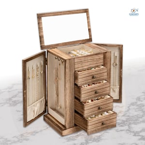 Rustic Wood Jewelry Box with Mirror: 5-Layer Vintage Organizer