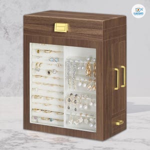 Vintage Walnut Jewelry Box with Mirror & Transparent Display