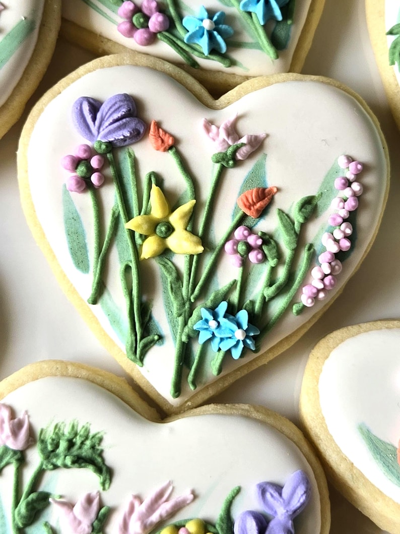 Wildflower Design Sugar Cookies, Heart or Circle Shape, Neutral and Vibrant Colors image 11