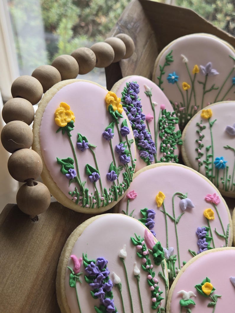 Wildflower Design Sugar Cookies, Heart or Circle Shape, Neutral and Vibrant Colors image 17