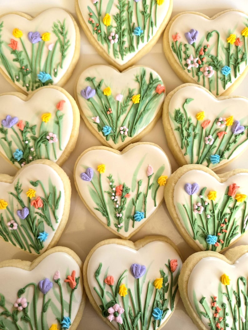 Wildflower Design Sugar Cookies, Heart or Circle Shape, Neutral and Vibrant Colors image 2