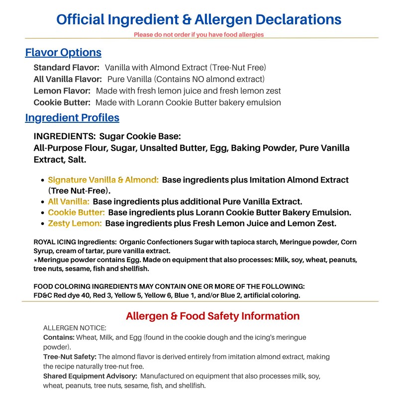 May include: A white document titled Official Ingredient & Allergen Declarations listing flavour options including vanilla, lemon, and cookie butter. It details sugar cookie base ingredients, royal icing components, food colouring, and allergen notices.