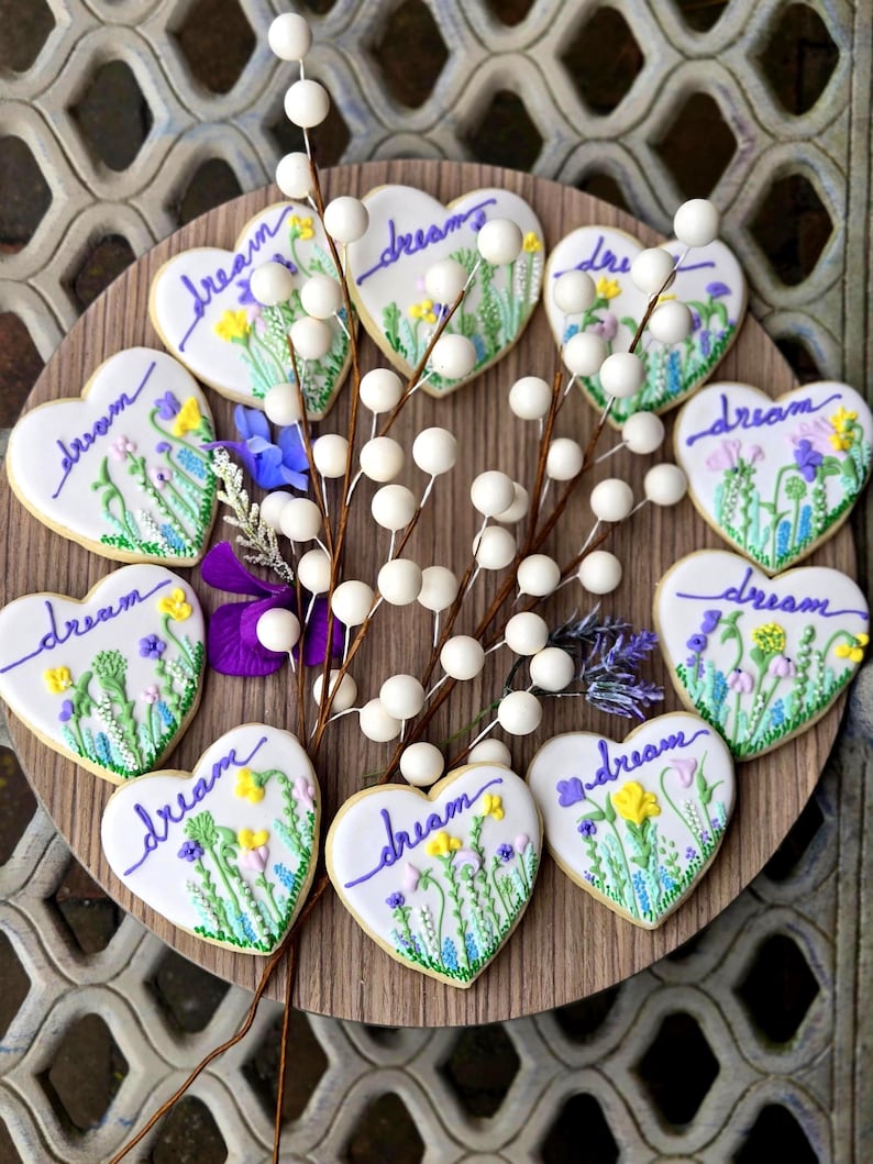 Wildflower Design Sugar Cookies, Heart or Circle Shape, Neutral and Vibrant Colors image 16