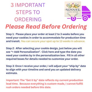 May include: An informational graphic titled 3 Important Steps to Ordering from Nonna's Cookie Cottage. It outlines three steps for placing custom cookie orders, including lead times of 2 to 3 weeks, personalisation instructions, and shipping updates.