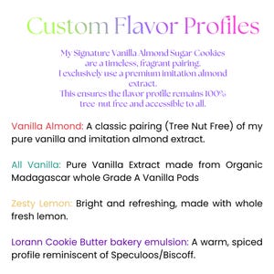 May include: A text-based graphic titled Custom Flavor Profiles listing cookie options. It details Vanilla Almond with imitation extract, All Vanilla with organic Madagascar pods, Zesty Lemon with fresh lemon, and Lorann Cookie Butter emulsion.