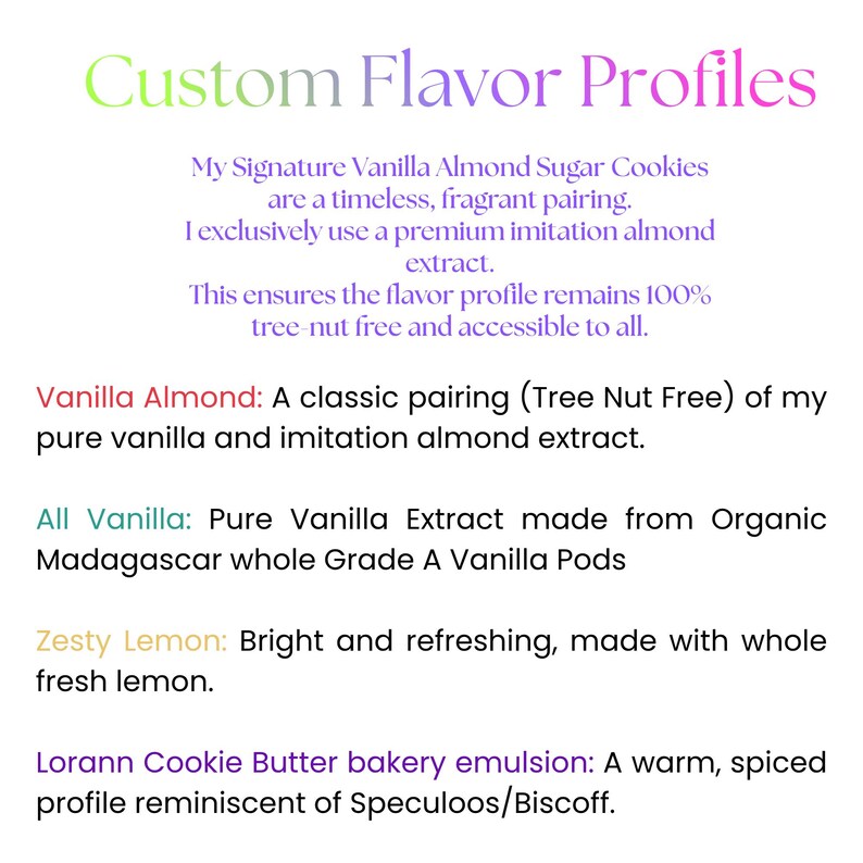 May include: A text-based graphic titled Custom Flavor Profiles listing cookie options. It details Vanilla Almond with imitation extract, All Vanilla with organic Madagascar pods, Zesty Lemon with fresh lemon, and Lorann Cookie Butter emulsion.