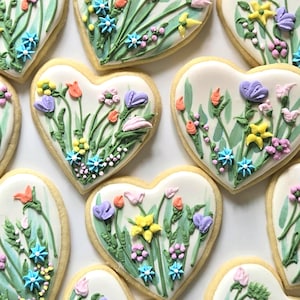 Wildflower Design Sugar Cookies, Heart or Circle Shape, Neutral and Vibrant Colors Heart Shape