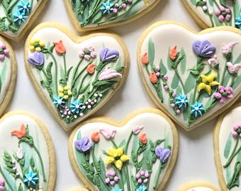 Wildflower Design Sugar Cookies, Heart or Circle Shape, Neutral and Vibrant Colors