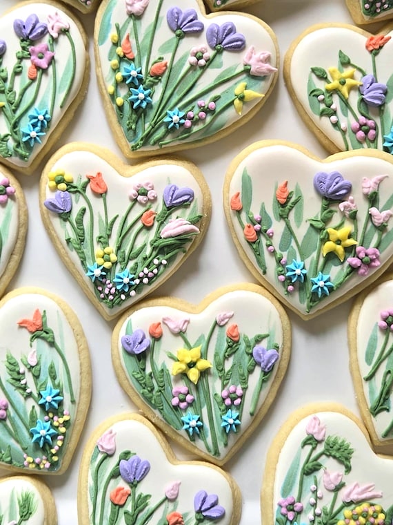 Wildflower Design Sugar Cookies, Heart or Circle Shape, Neutral and Vibrant Colors