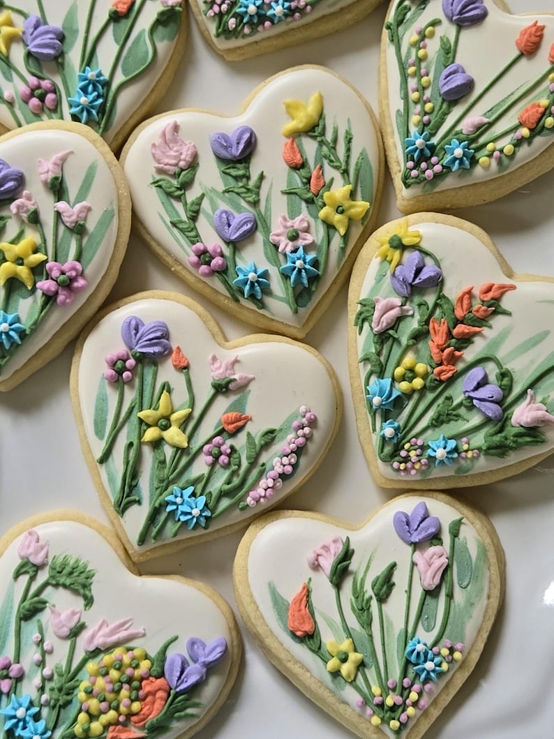 Wildflower Design Sugar Cookies, Heart or Circle Shape, Neutral and Vibrant Colors image 15