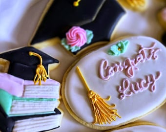 Graduation Desserts, Royal Icing Cookies for Class of 2026, Grad Cap, Books & Personalized Message