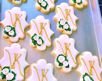 Monogrammed Wedding Cookies: Sugar Roses, Gold Accents (Dozen, Vanilla Almond Flavor)