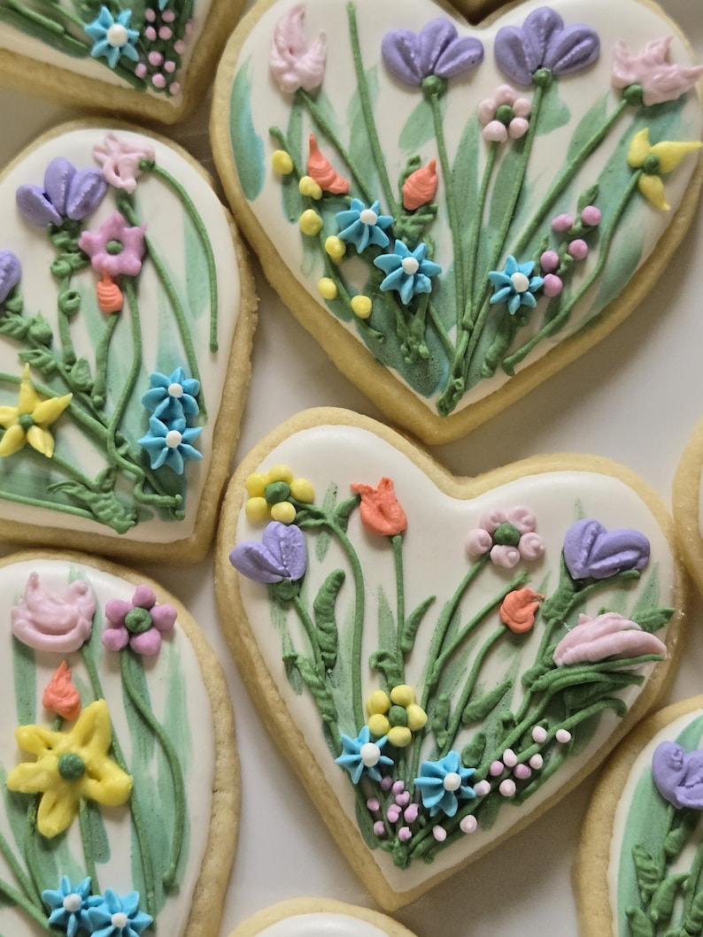 Wildflower Design Sugar Cookies, Heart or Circle Shape, Neutral and Vibrant Colors image 18