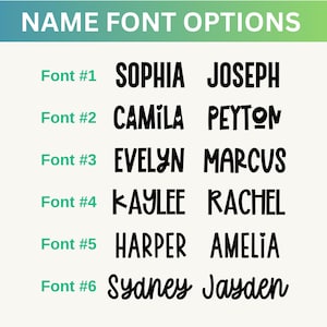 May include: Image showcasing six different font styles for names. Each font is displayed with two example names, such as "Sophia" and "Joseph." The fonts vary in style, from bold and blocky to more whimsical and cursive. The text "NAME FONT OPTIONS" is at the top.