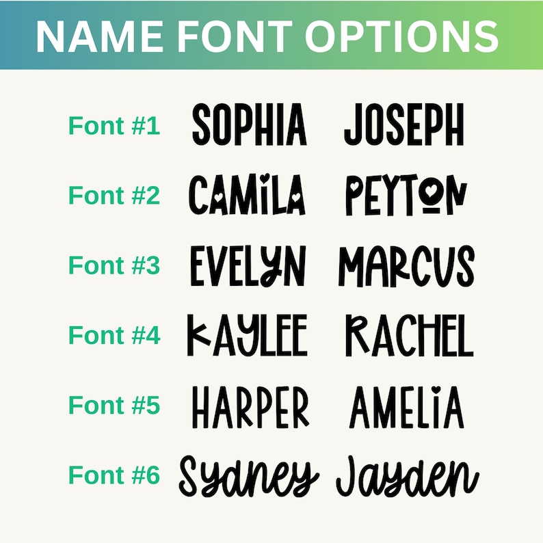 May include: Image showcasing six different font styles for names. Each font is displayed with two example names, such as "Sophia" and "Joseph." The fonts vary in style, from bold and blocky to more whimsical and cursive. The text "NAME FONT OPTIONS" is at the top.