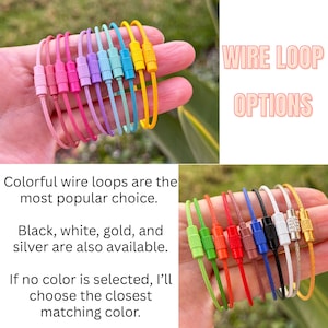 May include: A hand displays a variety of colorful wire loops, including pink, purple, blue, and yellow. The text "WIRE LOOP OPTIONS" is visible. Additional text states that colorful loops are the most popular choice, with black, white, gold, and silver also available.