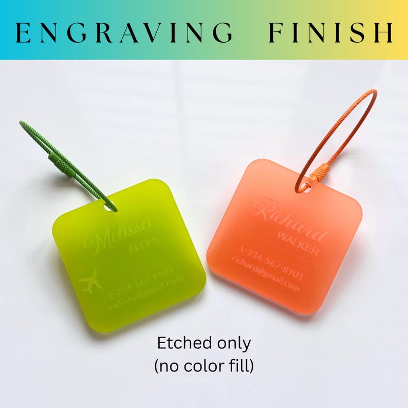 May include: Two square luggage tags, one lime green and one orange, with etched text. The green tag reads "Melissa ALLEN" and the orange tag reads "Richard WALKER". Both tags include a phone number and email address. The text "ENGRAVING FINISH" is at the top.