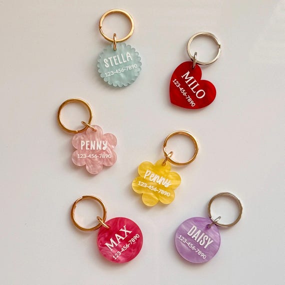 Custom Pet ID Tag, Personalized Dog Name Tag, Engraved Cat Tag, Pearl Acrylic Phone Number Tag