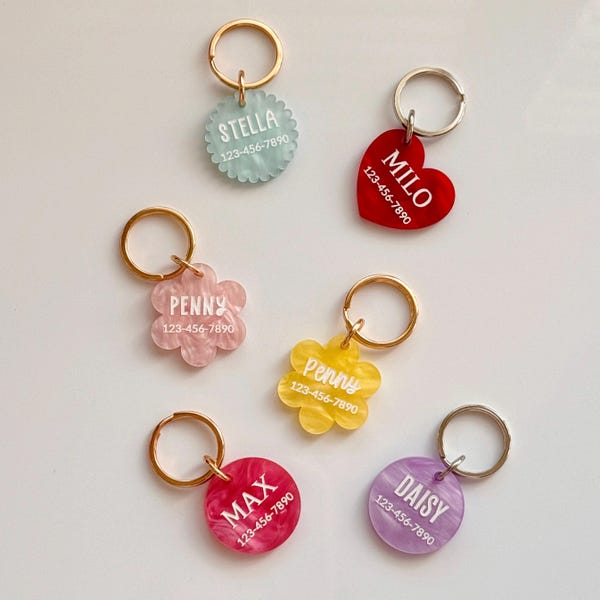 Custom Pet ID Tag, Personalized Dog Name Tag, Engraved Cat Tag, Pearl Acrylic Phone Number Tag