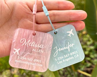 Personalized Pearl Acrylic Luggage Tag, Engraved Name ID with Gold or White Fill