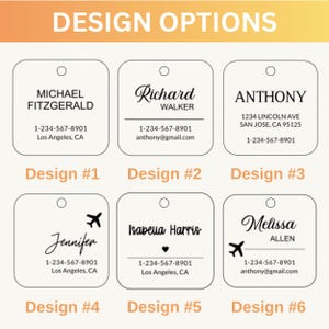 May include: An image showcasing six design options for personalized tags. Each tag features a name, contact information, and a unique design element, such as an airplane icon or a heart. The text "DESIGN OPTIONS" is at the top.
