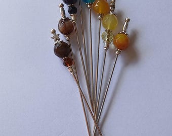 Broche longue décorative faite main avec agate | Broche de collection et épingle à chapeau