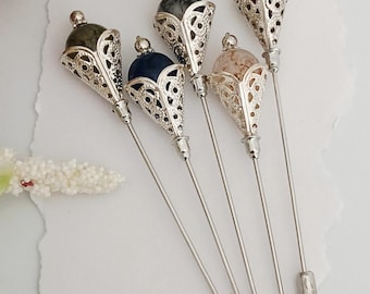 Spilla per cappello fatta a mano – Spilla lunga per cappello con pietra naturale – Separatore per pizzo a tombolo – Spilla decorativa – Spilla per pizzo a tombolo