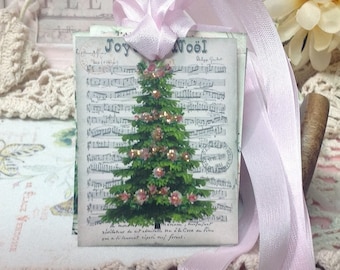 Glittered Pink Chrismas Tree Gift Tags, Pink Christmas,  Glittered Gift Tags, Glitter Christmas Tags,  Vintage Christmas Music, Pink Roses