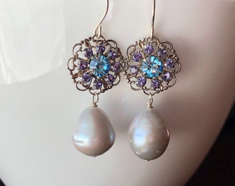 Swarovski Filigree and Gray Pearl Earrings, Sterling Silver, Ready to Ship