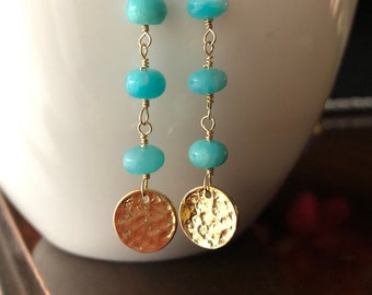 Amazonite and Gold Disc Earrings, Gemstone, Vibrant, Colorful, Ready to Ship