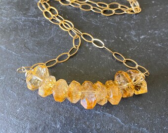 Citrine Nugget Bar Necklace, Gold filled, Chunky Gemstones, November Birthday, Ready to Ship