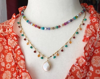 Turquoise, Carnelian, Garnet, Gold filled Chain, Summer, Bohemian, Colorful, Layered Necklace, Dangle, Ready to Ship
