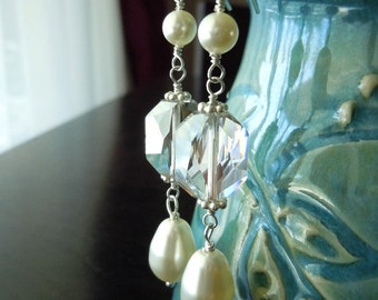 Simply Elegant...Swarovski Teadrop Pearl and Graphic Crystal Earrings...Sterling Silver...Custom Made...