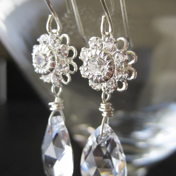 Swarovski Flower with Clear Teardrop Pendant Earrings...FREE SHIPPING