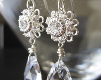 Swarovski Flower with Clear Teardrop Pendant Earrings, Bridal Jewelry, Wedding, Quincenera, Prom, Special Occasion