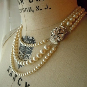 Betty...Swarovksi Pearl and Rhinestone Clasp Necklace, Triple Strand, Made to Order, Gatsby Theme, Wedding, Quincenera, Art Deco